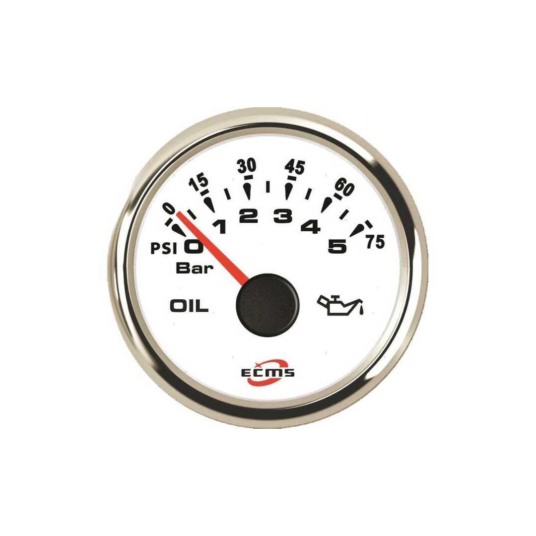Manometri marini ECMS White Chrome Ø 52mm, Acciaio Inox 316. Strumentazione impermeabile IP67, anti-appannamento e programmabile. olio 0-5