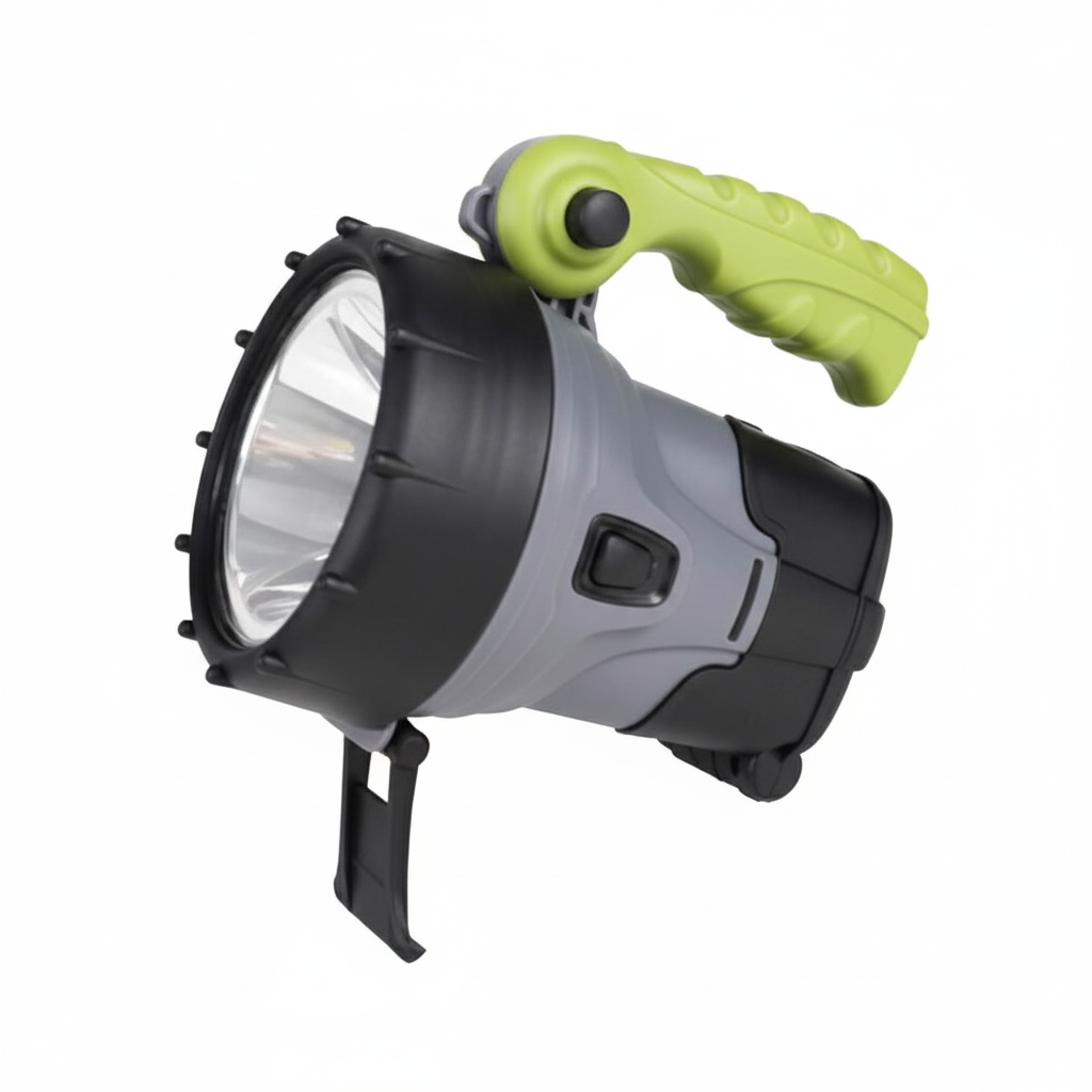 Torcia ricaricabile Nebula 450 lumen nera e grigia con manico verde, lente frontale e supporto pieghevole | Onautica