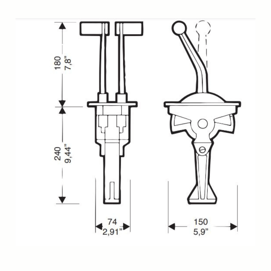 Scheda tecnica Bileva comando Ultraflex B46 con dimensioni: altezza 180/240mm, larghezza 74/150mm | Onautica