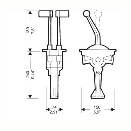 Scheda tecnica Bileva comando Ultraflex B46 con dimensioni: altezza 180/240mm, larghezza 74/150mm | Onautica