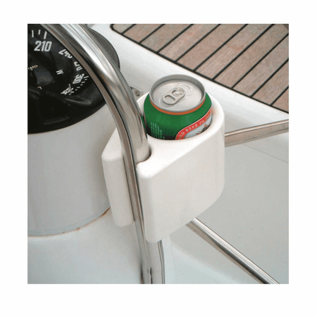 Portabicchieri clip bianco in plastica montato su tubo inox con lattina, barca a motore | Onautica
