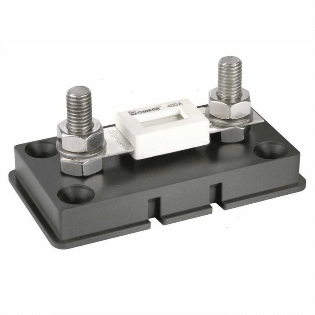Portafusibile ANL Omega 400A con base nera isolata, due bulloni in acciaio inox e fusibile bianco centrale | Onautica