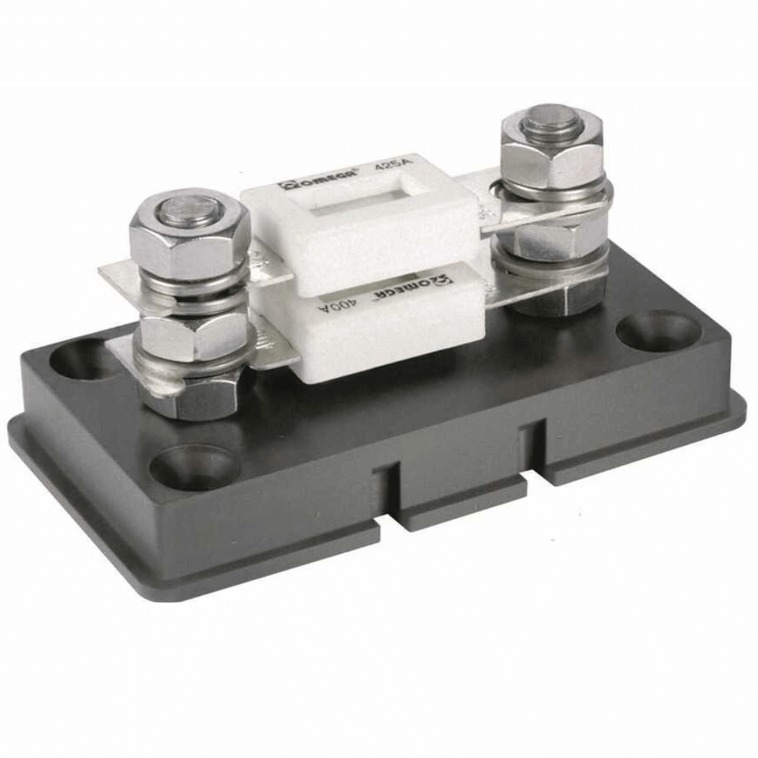 Portafusibile ANL Omega 400A bianco su base nera isolata con bulloni acciaio inox e gabbia protezione | Onautica