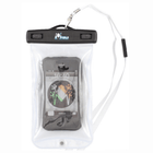 Custodia impermeabile trasparente porta smartphone bianca con chiusura nera e laccio, iPhone visibile all'interno | Onautica