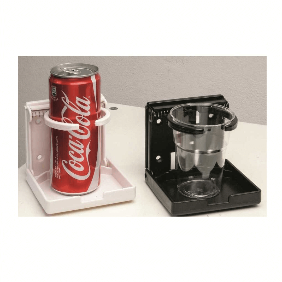 Portabicchieri pieghevole nautico bianco e nero in plastica con lattina Coca-Cola e bicchiere trasparente | Onautica