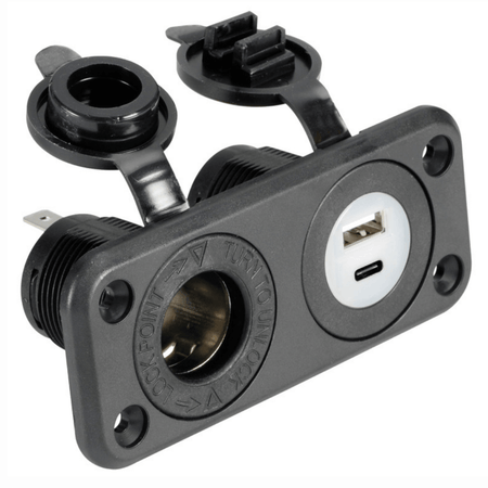 Presa incasso nautica nera con accendisigari, USB-A e USB-C, pannello plastica con cover protettiva | Onautica