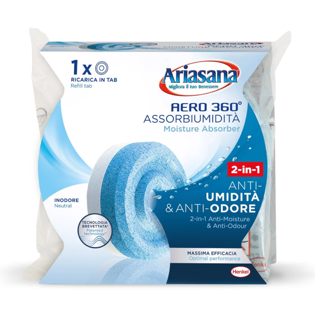 Ricarica tab rotonda blu Ariasana Aero 360° assorbiumidità anti-odore in confezione bianca | Onautica