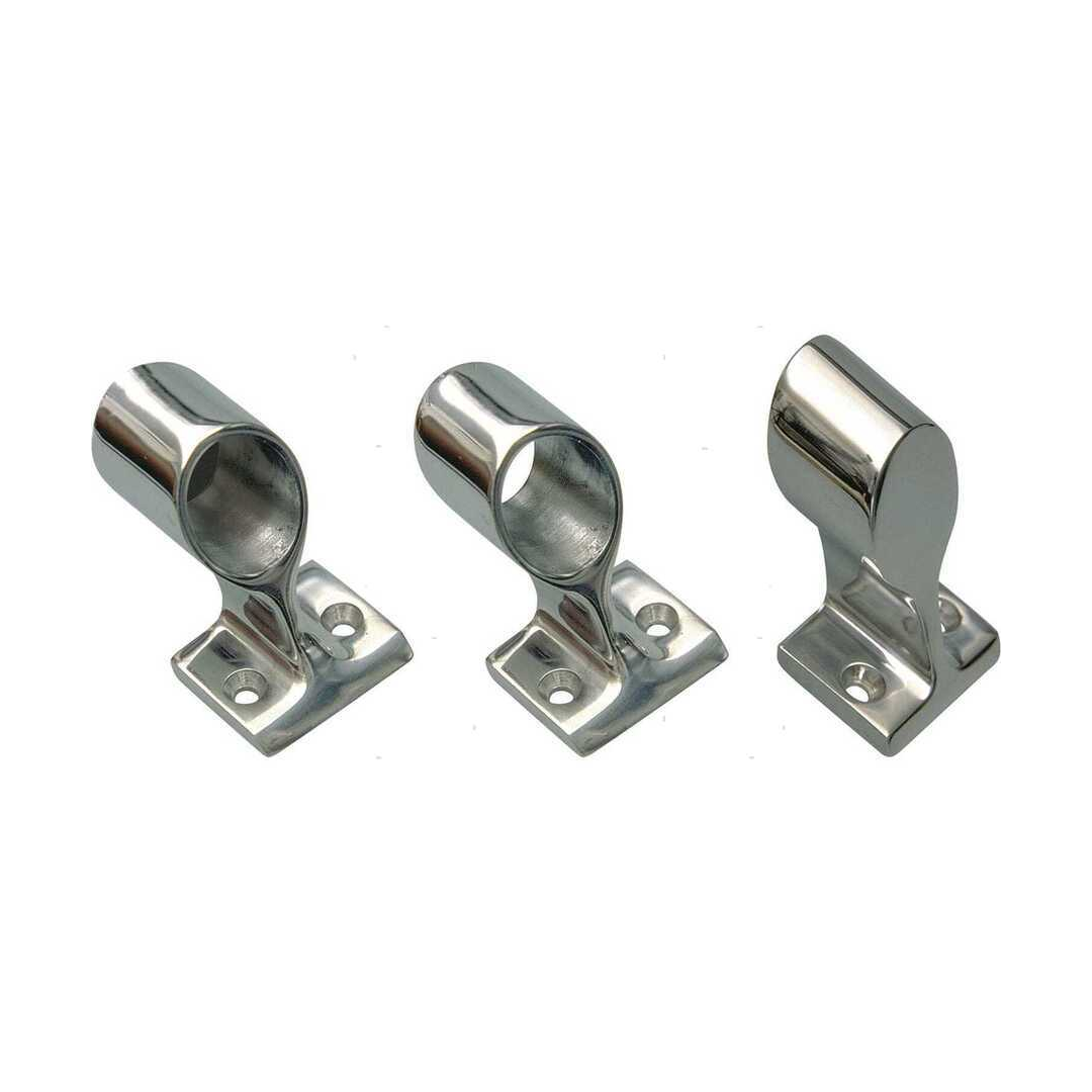 Tre supporti passamano New Line in acciaio inox lucido con base rettangolare e anello aperto, vista prospettica | Onautica