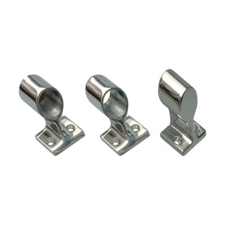 Tre supporti passamano New Line in acciaio inox lucido con base rettangolare e anello aperto, vista prospettica | Onautica