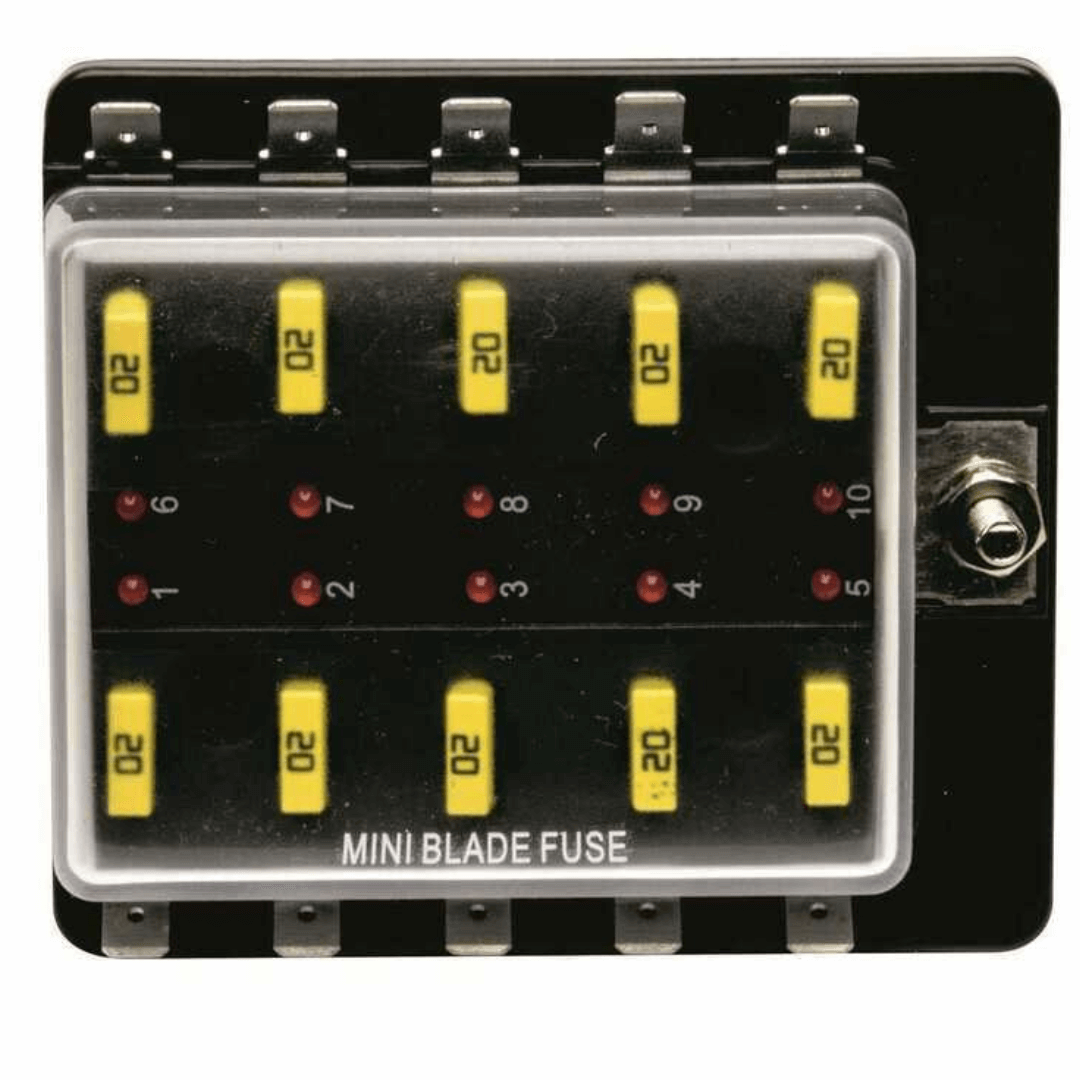 Scatola portafusibili 10 posti mini blade nera con fusibili gialli 20A e LED indicatori di stato | Onautica