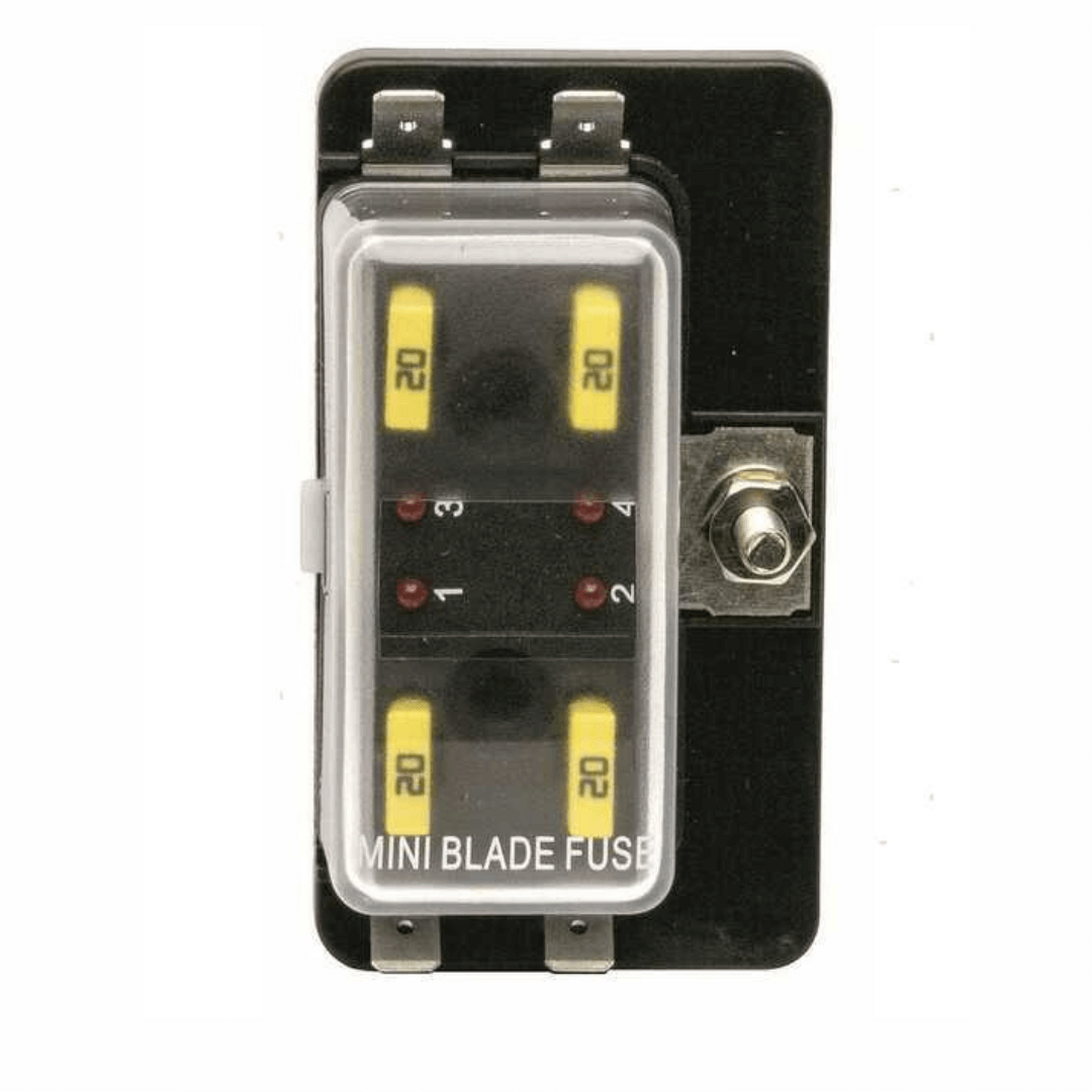 Scatola portafusibili 4 posti mini blade nera con fusibili gialli 20A, LED spia e coperchio trasparente | Onautica