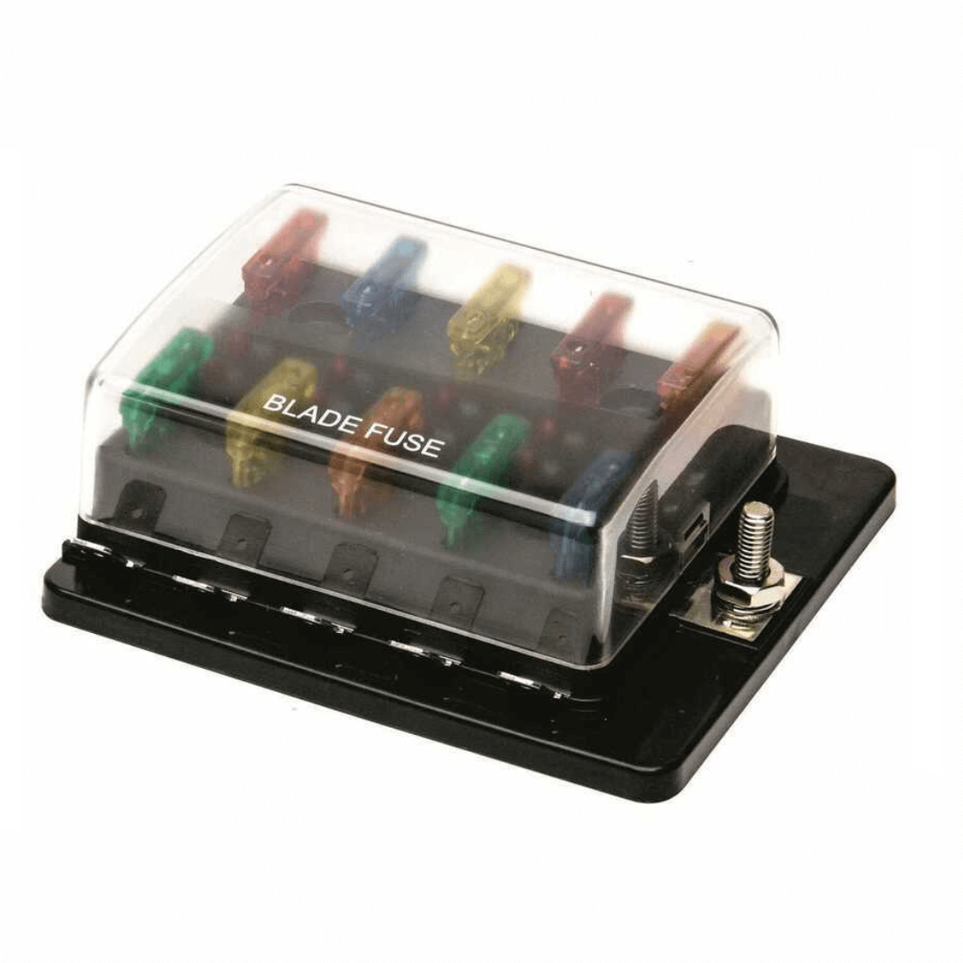 Scatola portafusibili 10 posti blade fuse nera con coperchio trasparente e fusibili colorati | Onautica