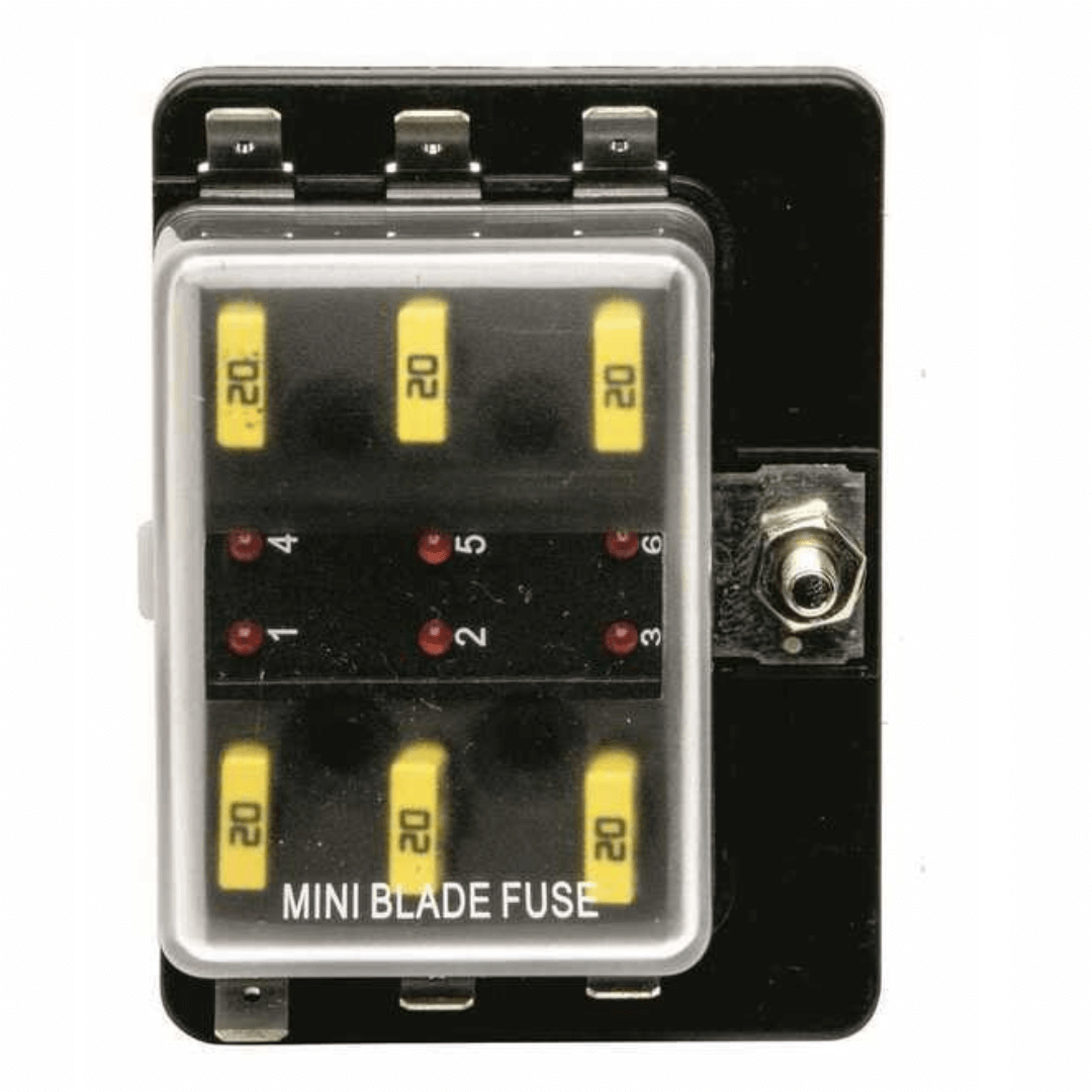 Scatola portafusibili mini blade 6 posti nera con fusibili gialli 20A e LED spia rossi | Onautica
