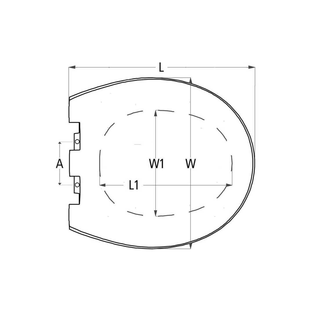 Scheda tecnica sedile WC marino di ricambio con quote L, L1, W, W1, A e dettaglio cerniere | Onautica