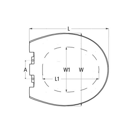 Scheda tecnica sedile WC marino di ricambio con quote L, L1, W, W1, A e dettaglio cerniere | Onautica