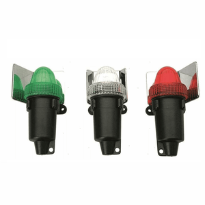 Set 3 fanali batteria LED nautici verde, bianco e rosso con base nera e staffa cromata | Onautica