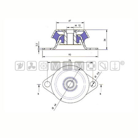 Scheda tecnica supporto antivibrante SH45 45kg con dimensioni: larghezza 93mm, altezza 34mm, filetto M12 | Onautica