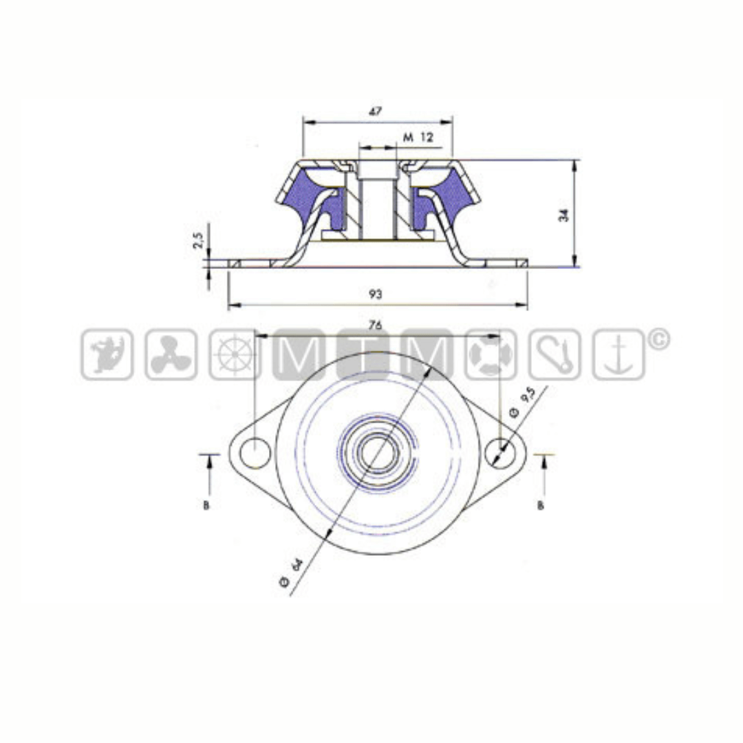 Scheda tecnica supporto antivibrante M12 105 Kg con dimensioni 93x34mm e vista sezione in blu | Onautica