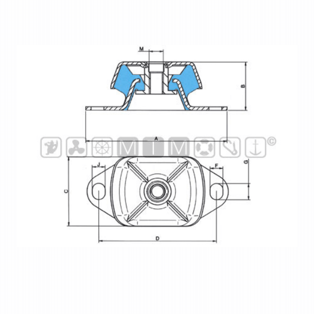 Scheda tecnica supporto antivibrante M16 280 Kg con dimensioni A B C D F G J M e sezione blu | Onautica