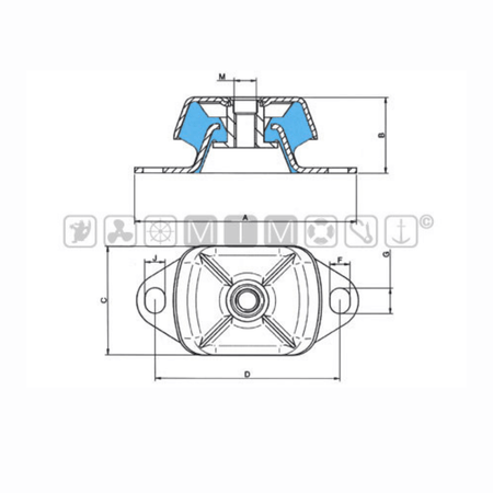 Scheda tecnica supporto antivibrante M16 280 Kg con dimensioni A B C D F G J M e sezione blu | Onautica