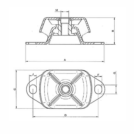 Scheda tecnica supporto antivibrante M20 800 Kg con viste laterale e superiore, quote dimensionali A B C D F G J M | Onautica