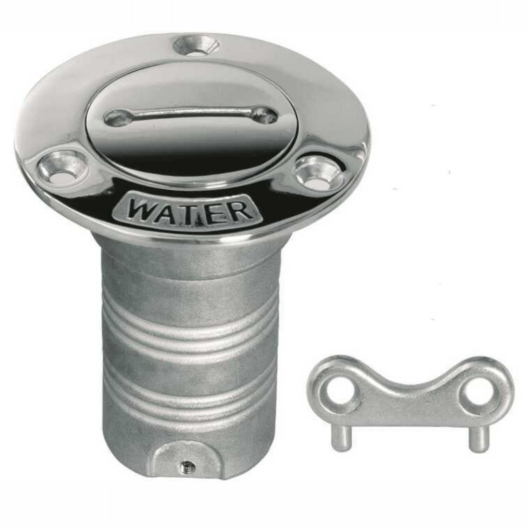 Tappo imbarco acqua in acciaio inox lucido Ø 38 mm con chiavetta, scritta WATER in rilievo | Onautica