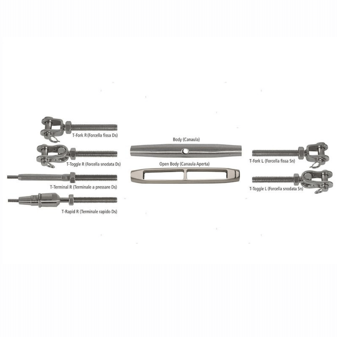 Componenti modulari tenditori inox: forcelle, toggle, terminal, rapid e corpi canaula aperti e chiusi | Onautica