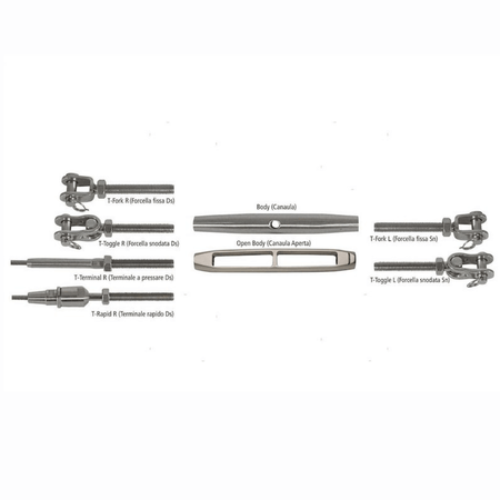 Componenti modulari tenditori inox: forcelle, toggle, terminal, rapid e corpi canaula aperti e chiusi | Onautica