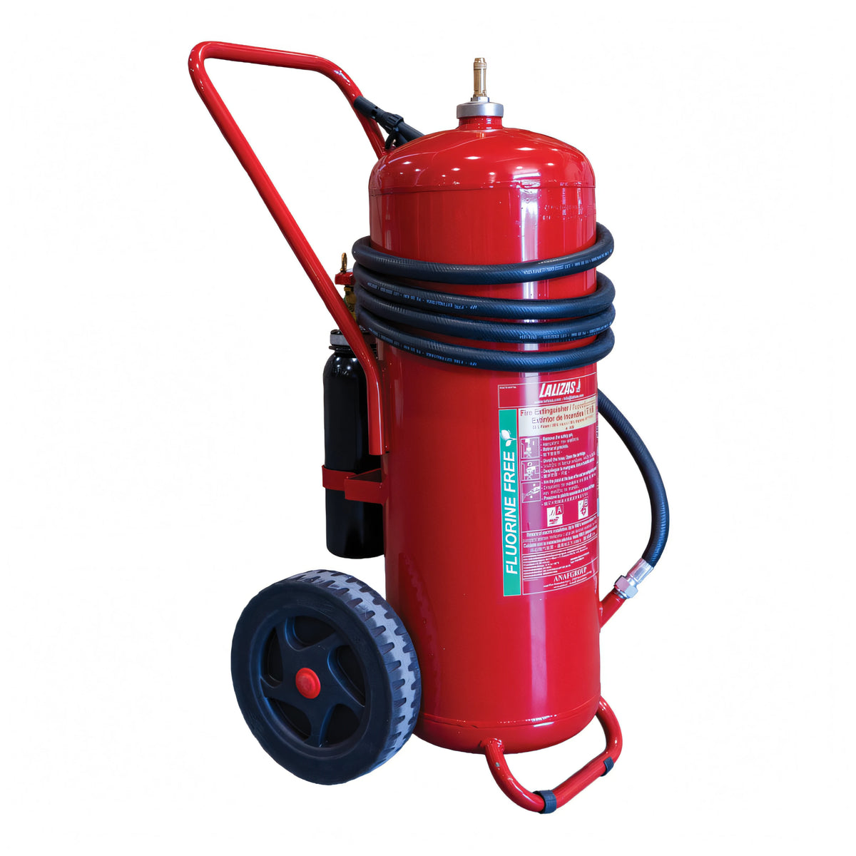 Estintore carrellato a schiuma senza PFAS LALIZAS in acciaio inox con manichetta e cartuccia esterna – 50 L