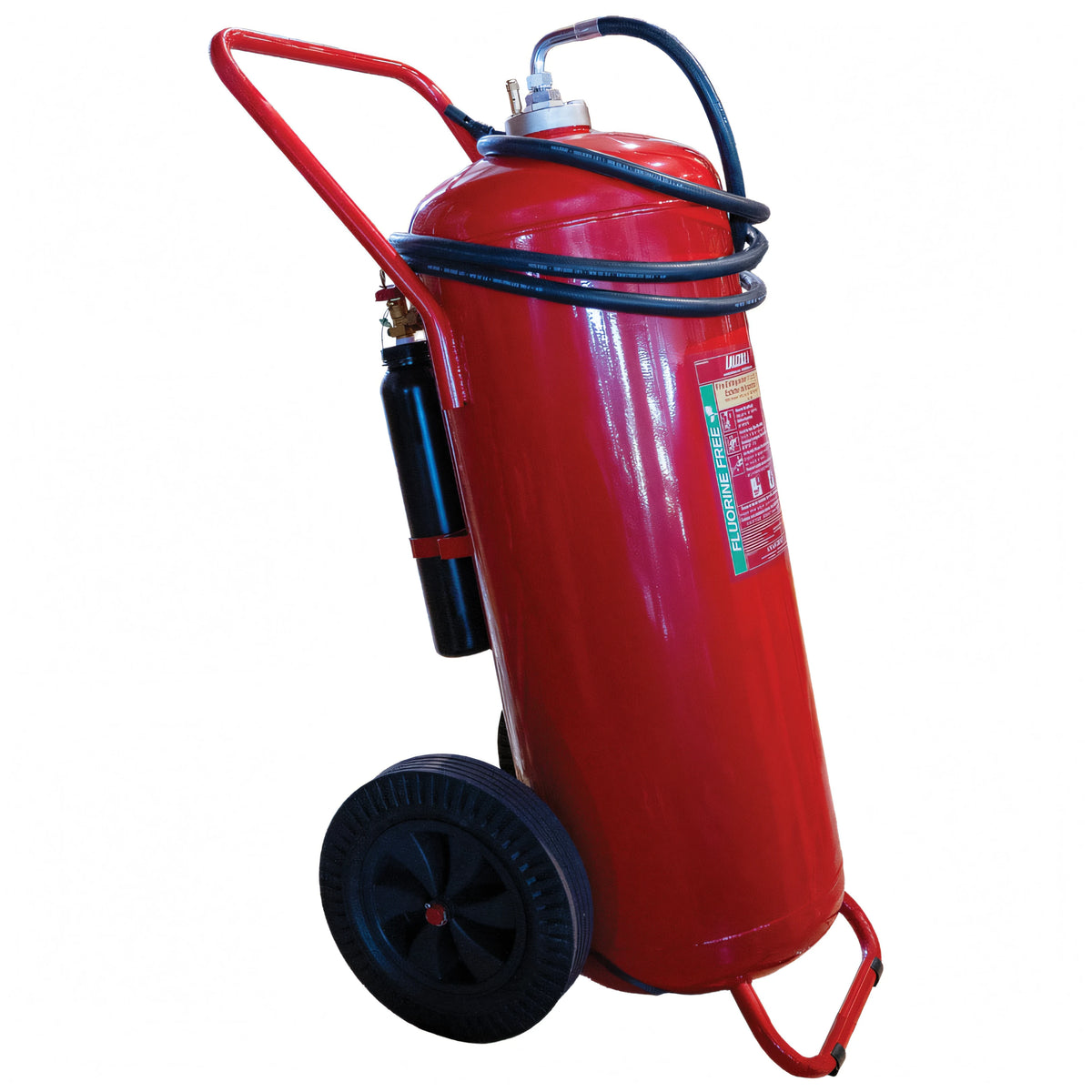 Estintore carrellato a schiuma senza PFAS LALIZAS in acciaio inox con manichetta e cartuccia esterna – 150 L