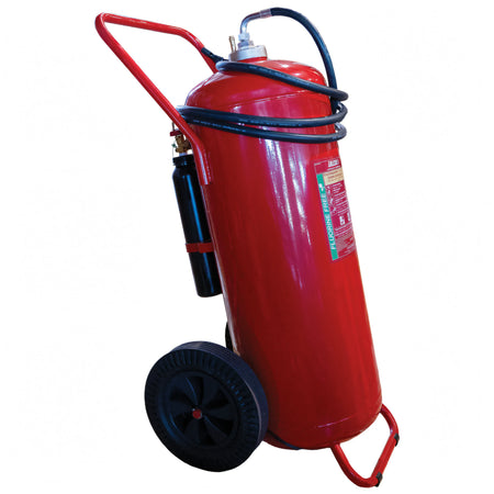 Estintore carrellato a schiuma senza PFAS LALIZAS in acciaio inox con manichetta e cartuccia esterna – 150 L