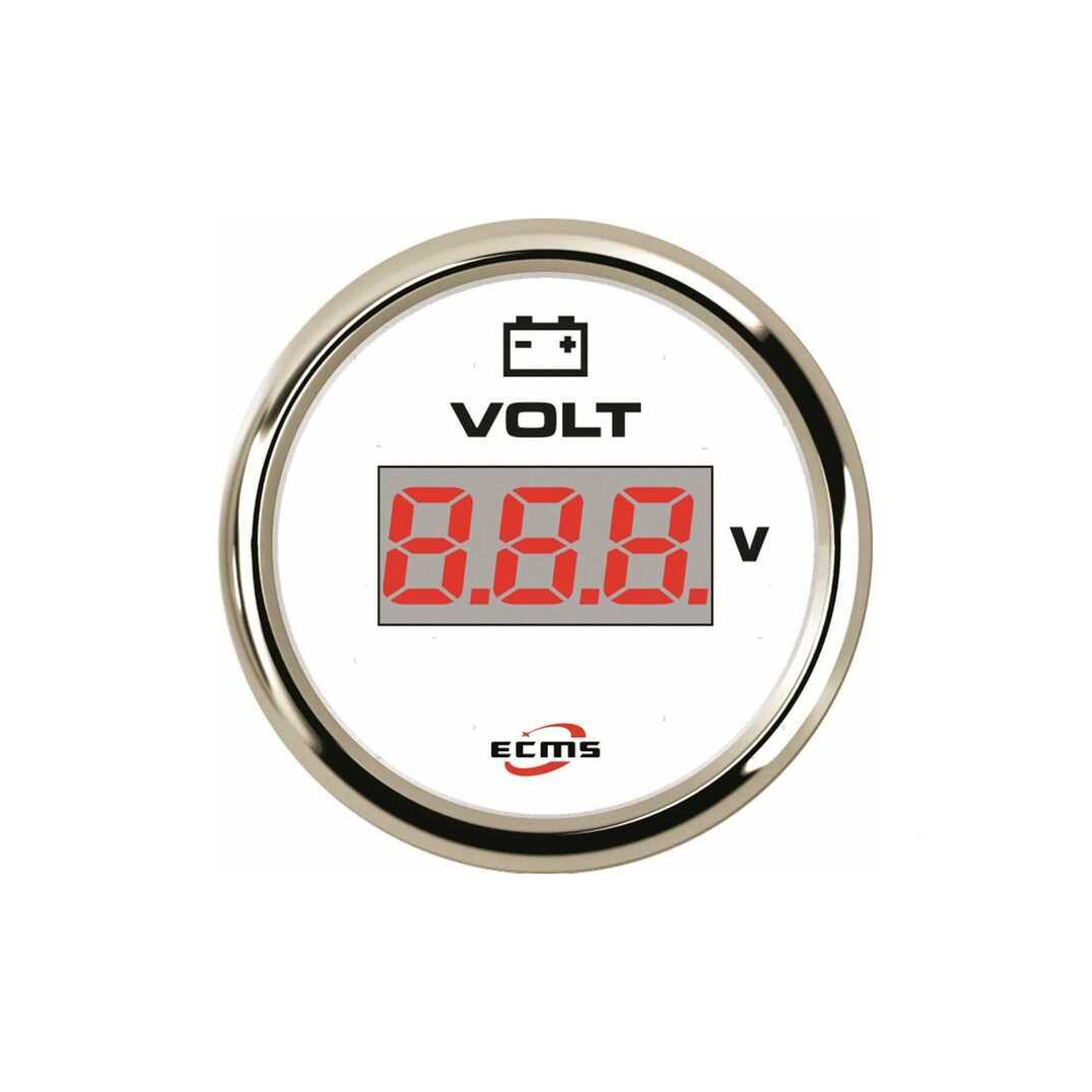 Manometri marini ECMS White Chrome Ø 52mm, Acciaio Inox 316. Strumentazione impermeabile IP67, anti-appannamento e programmabile. voltmetro digitale