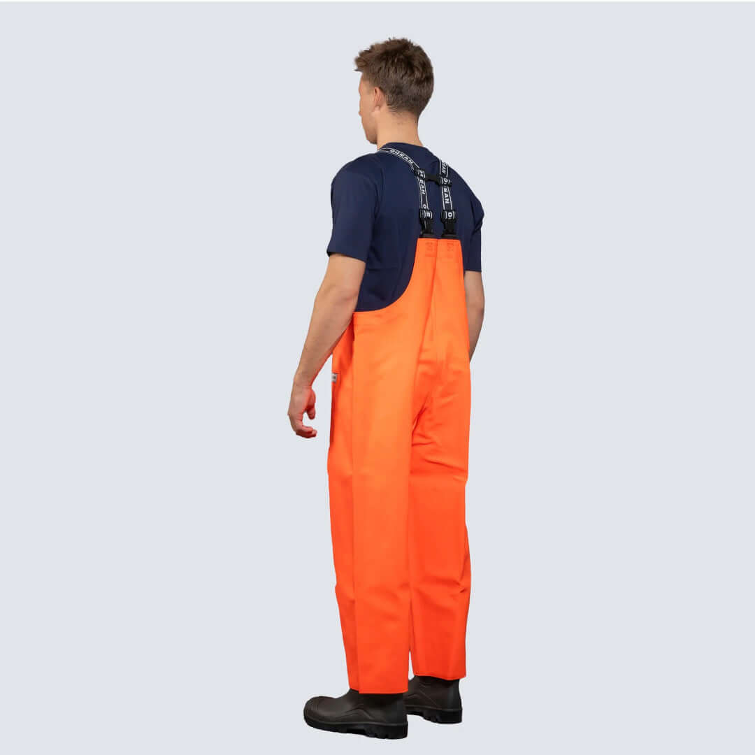 Salopette nautica Ocean Mariner arancione vista posteriore con bretelle nere regolabili | Onautica