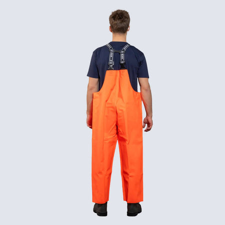 Salopette nautica OCEAN® arancione impermeabile, vista posteriore con bretelle regolabili | Onautica