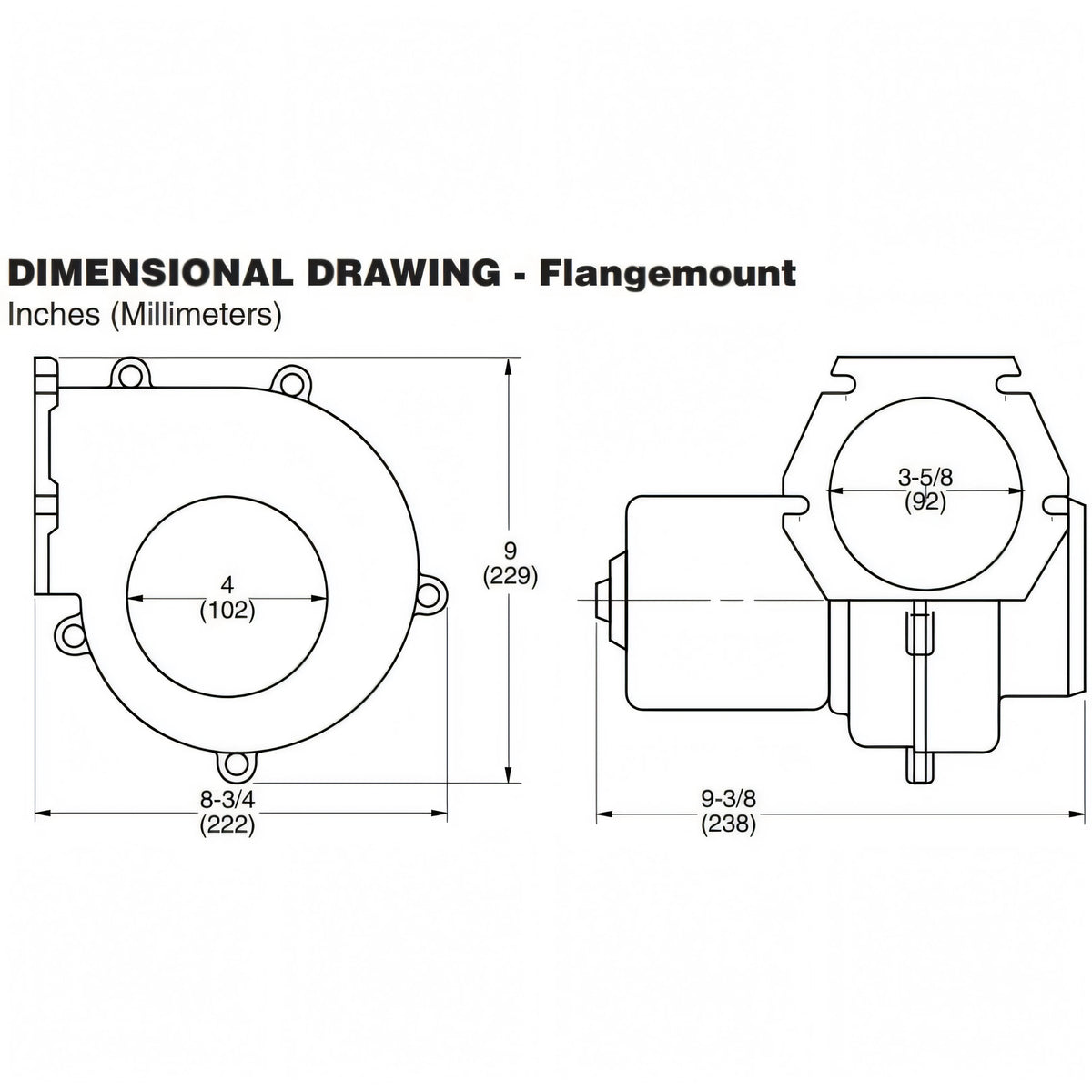 Disegno tecnico quotato dell'estrattore aria Jabsco a flangia