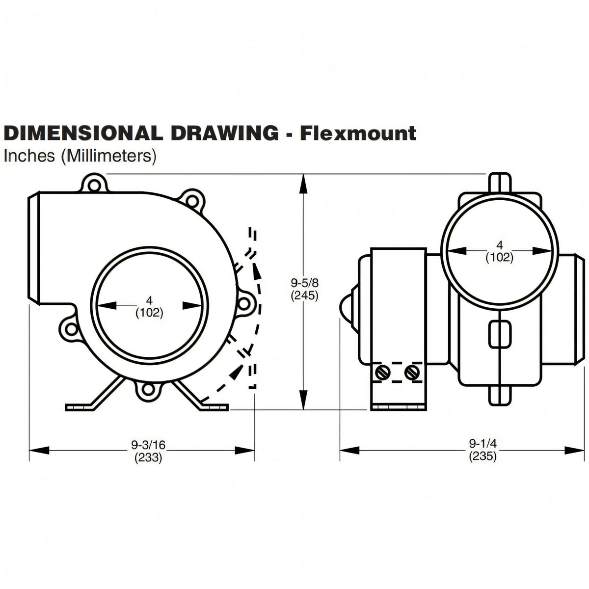 Disegno tecnico quotato dell’estrattore d’aria Jabsco a staffa alte prestazioni