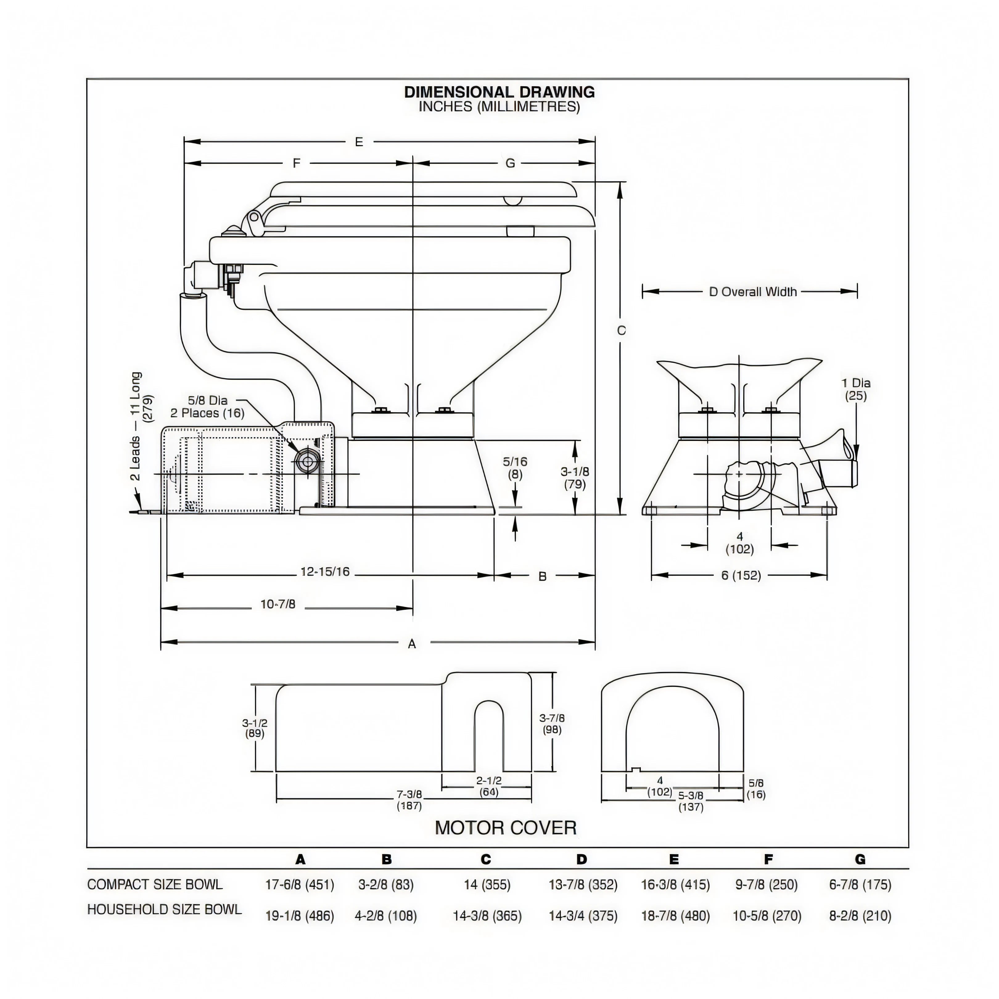 WC Jabsco Compact, disegno tecnico con dimensioni