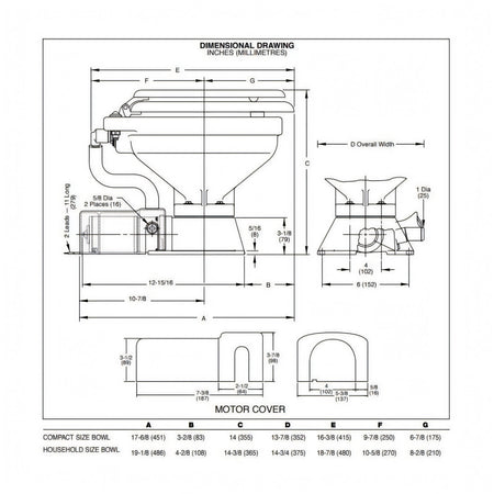 WC Jabsco Compact, disegno tecnico con dimensioni