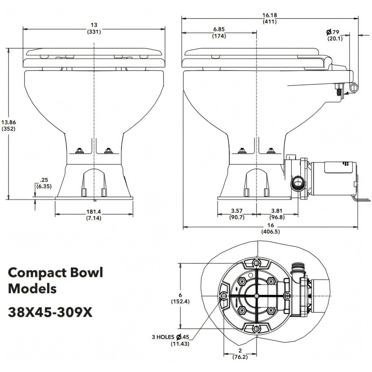 WC Jabsco Quiet Flush E2 Compact, vista laterale