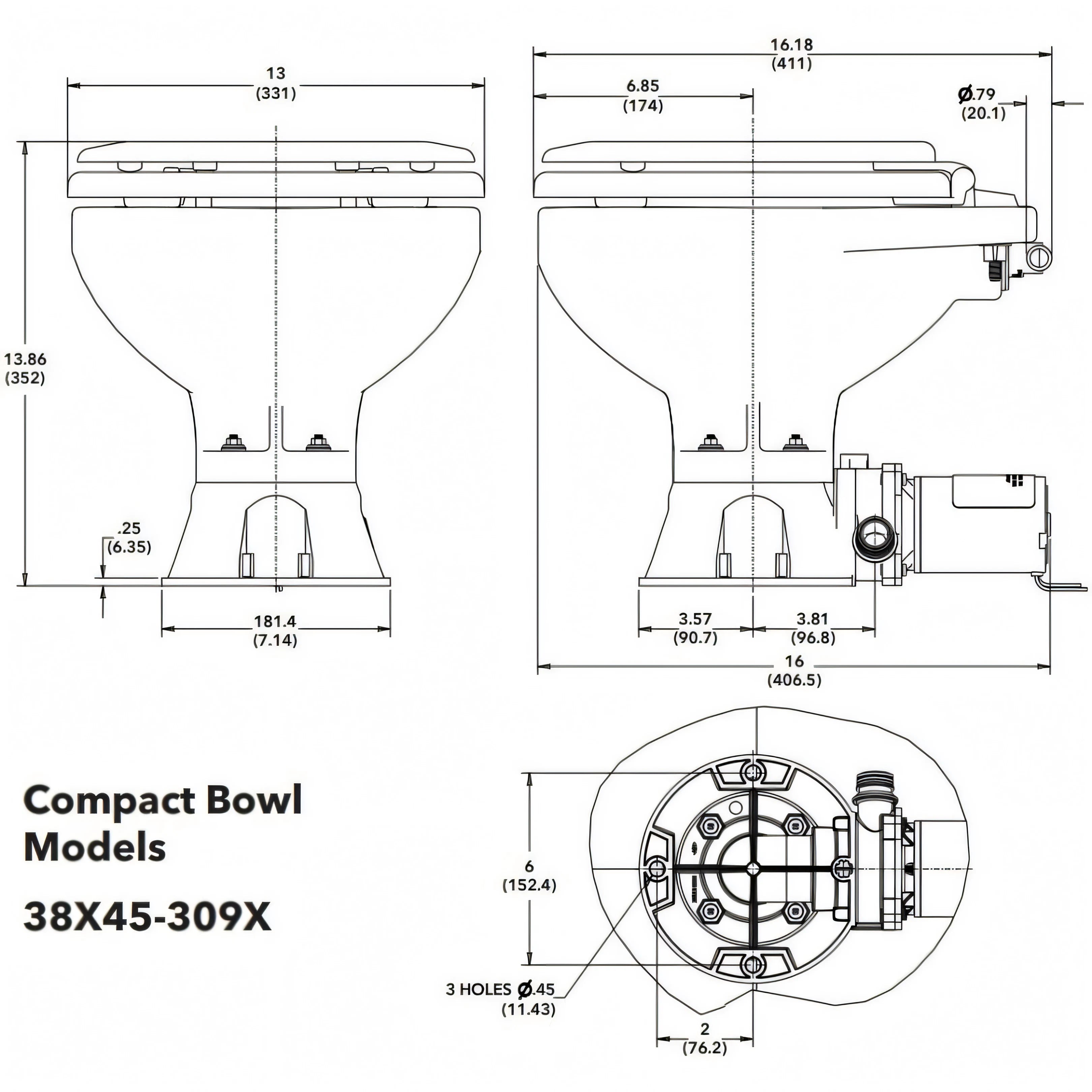 WC Jabsco Quiet Flush E2 Compact, vista laterale