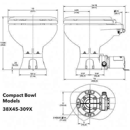 WC Jabsco Quiet Flush E2 Compact, vista laterale