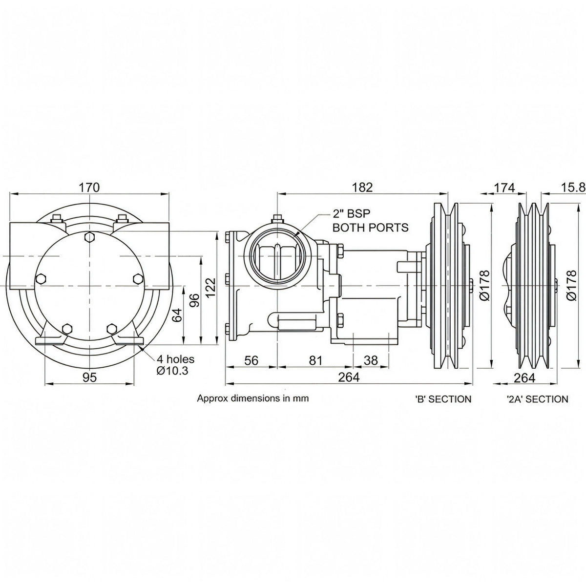 Disegno tecnico quotato della pompa Jabsco in bronzo da 2" con misure e attacchi BSP