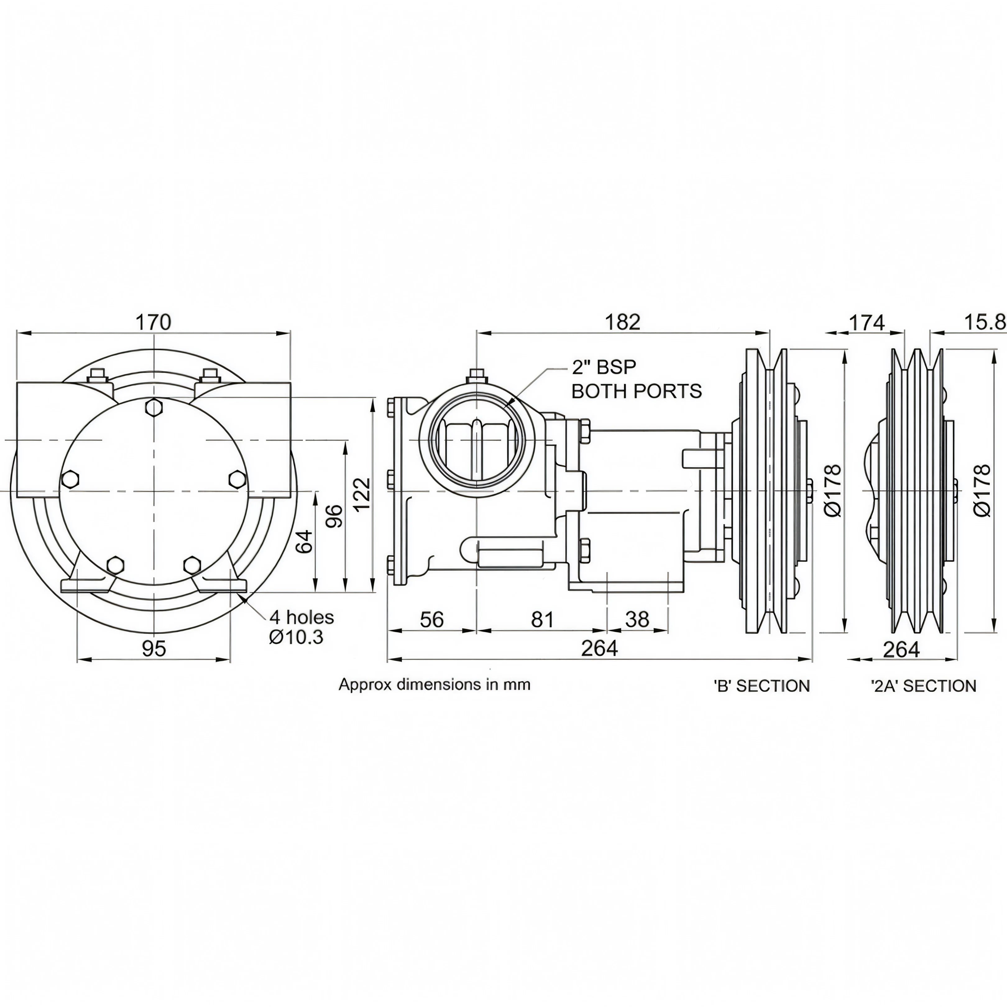 Disegno tecnico quotato della pompa Jabsco in bronzo da 2" con misure e attacchi BSP