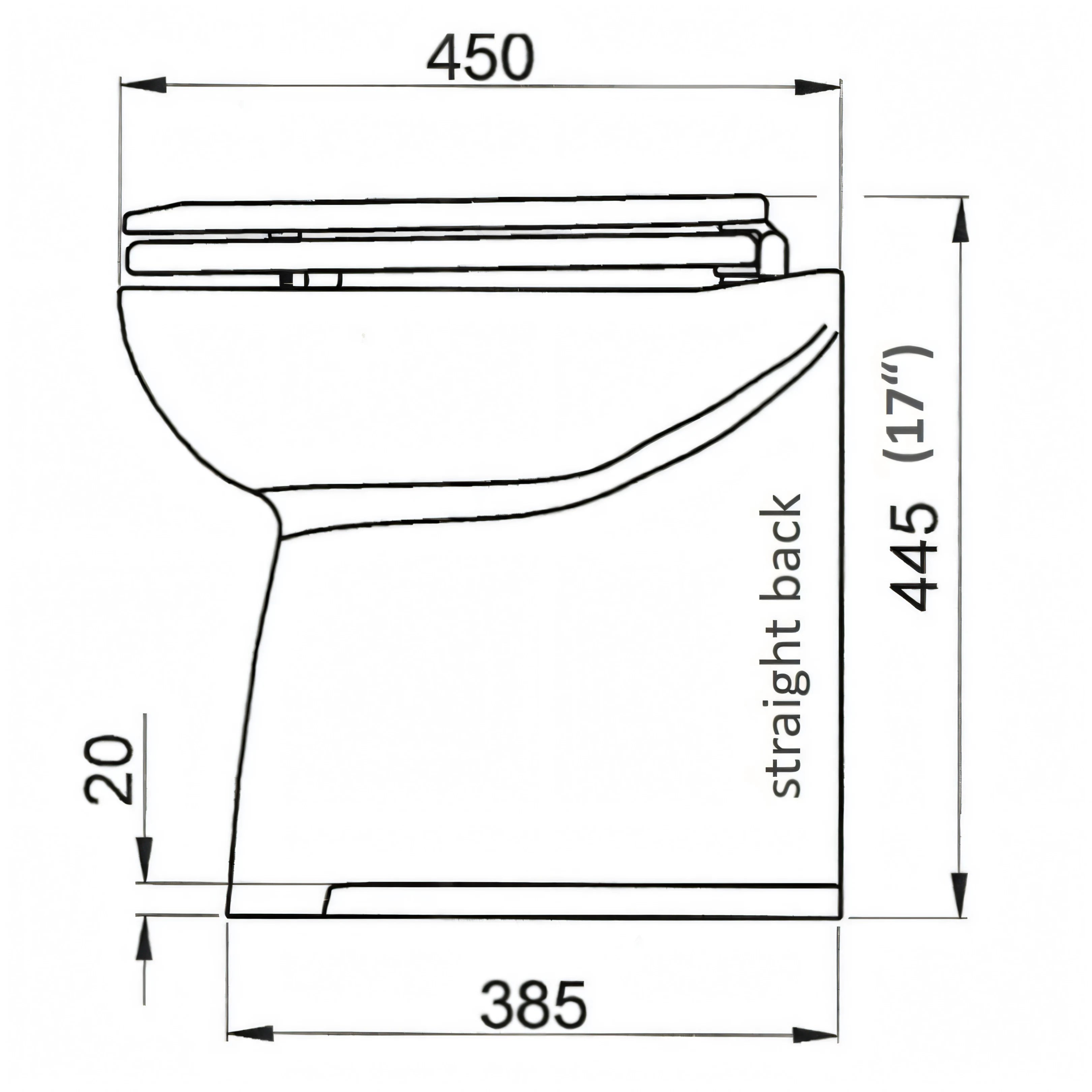 Disegno tecnico quotato del WC elettrico Jabsco Delux Flush con le misure di ingombro