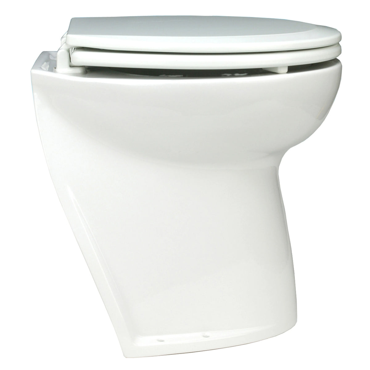 WC elettrico Jabsco Delux Flush in ceramica bianca, vista da un'altra angolazione