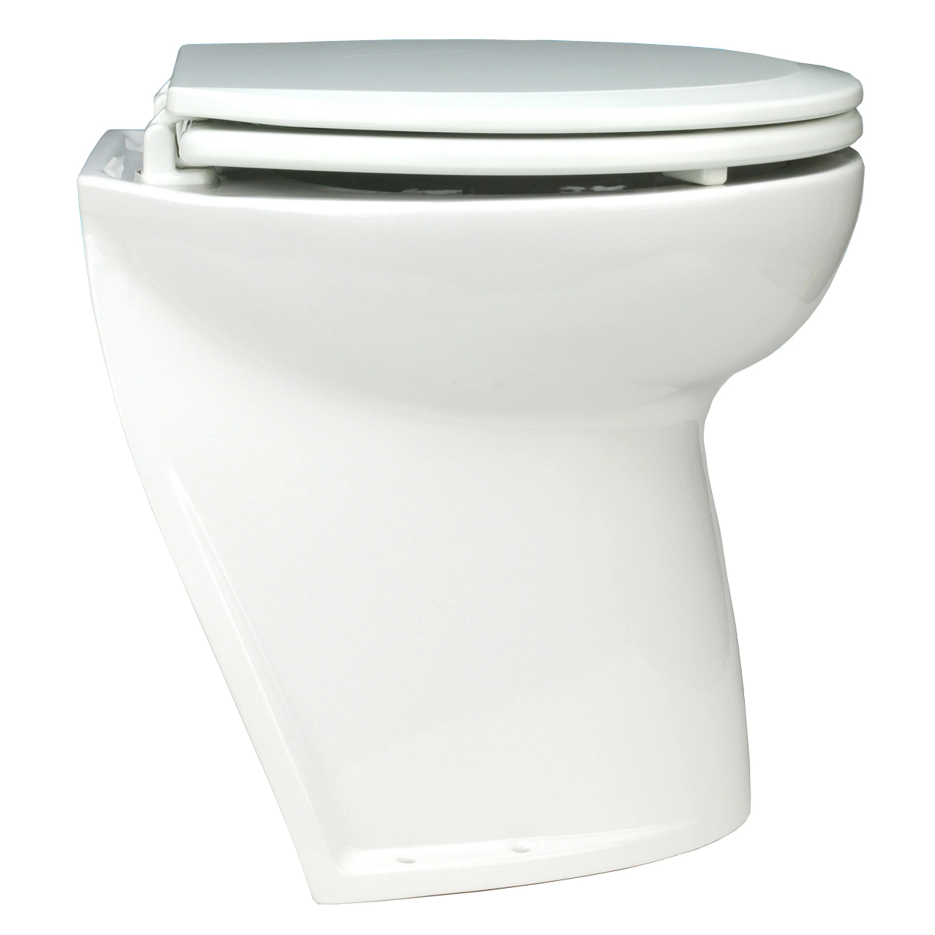 WC elettrico Jabsco Delux Flush in ceramica bianca, vista da un'altra angolazione