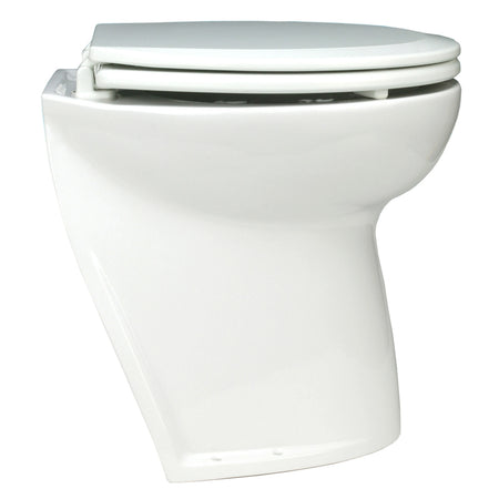 WC elettrico Jabsco Delux Flush in ceramica bianca, vista da un'altra angolazione