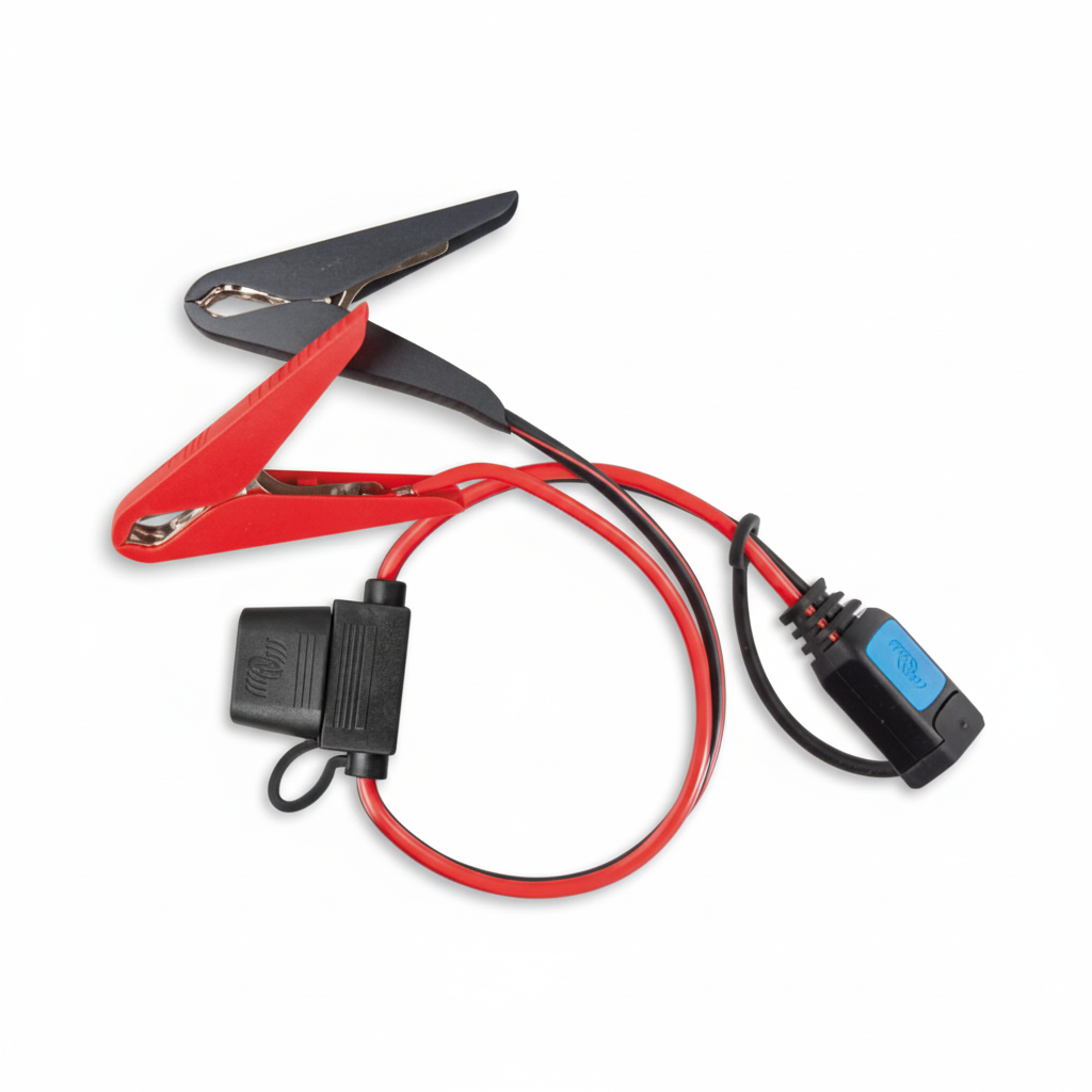 Gamma di cavetti e connettori originali Victron per caricabatterie BlueSmart IP65: occhielli M6, presa accendisigari e pinze professionali. pinze