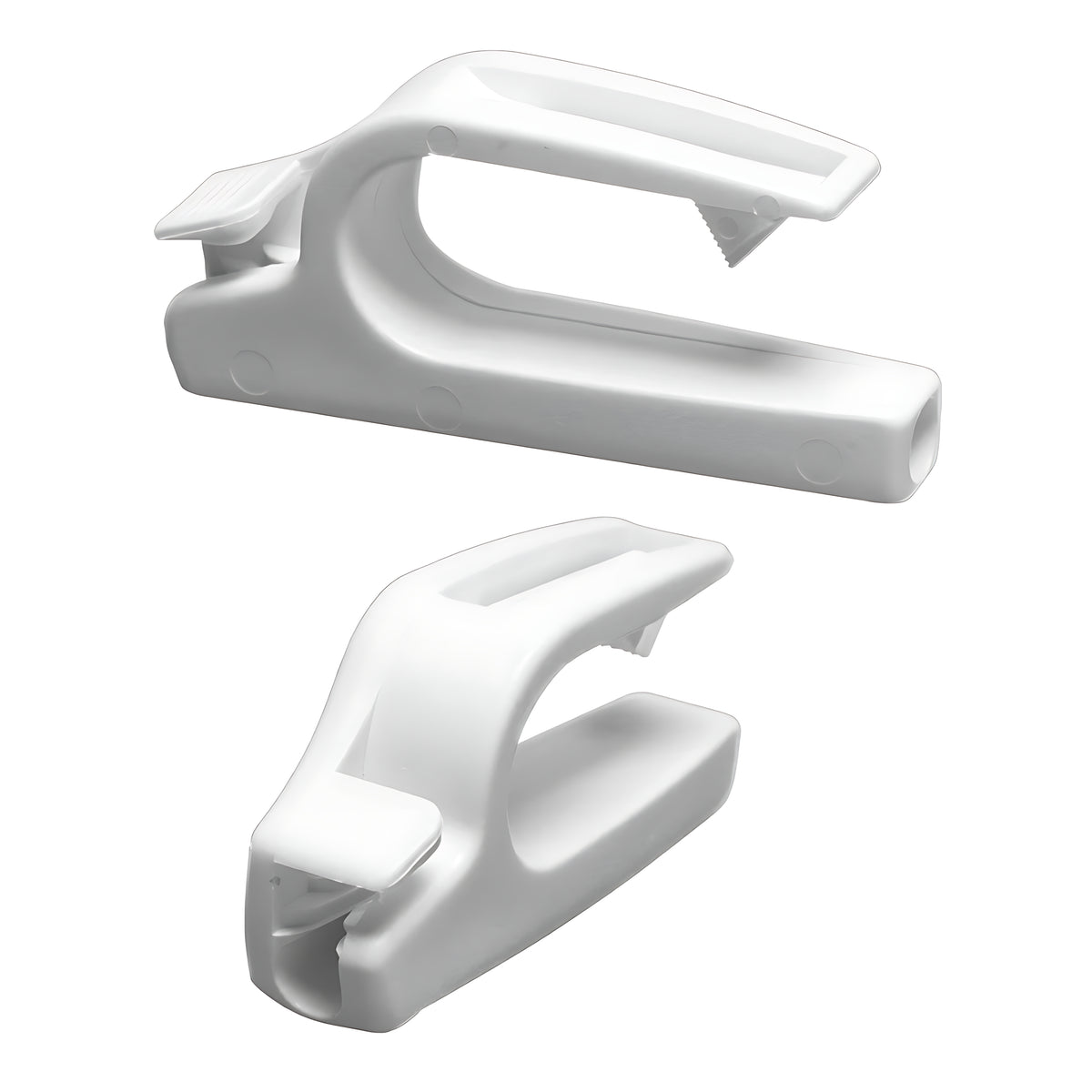 Coppia di agganci per parabordi Fend Fix in nylon bianco, progettati per il fissaggio rapido su battagliole tubolari con diametro da 20 a 25 mm.