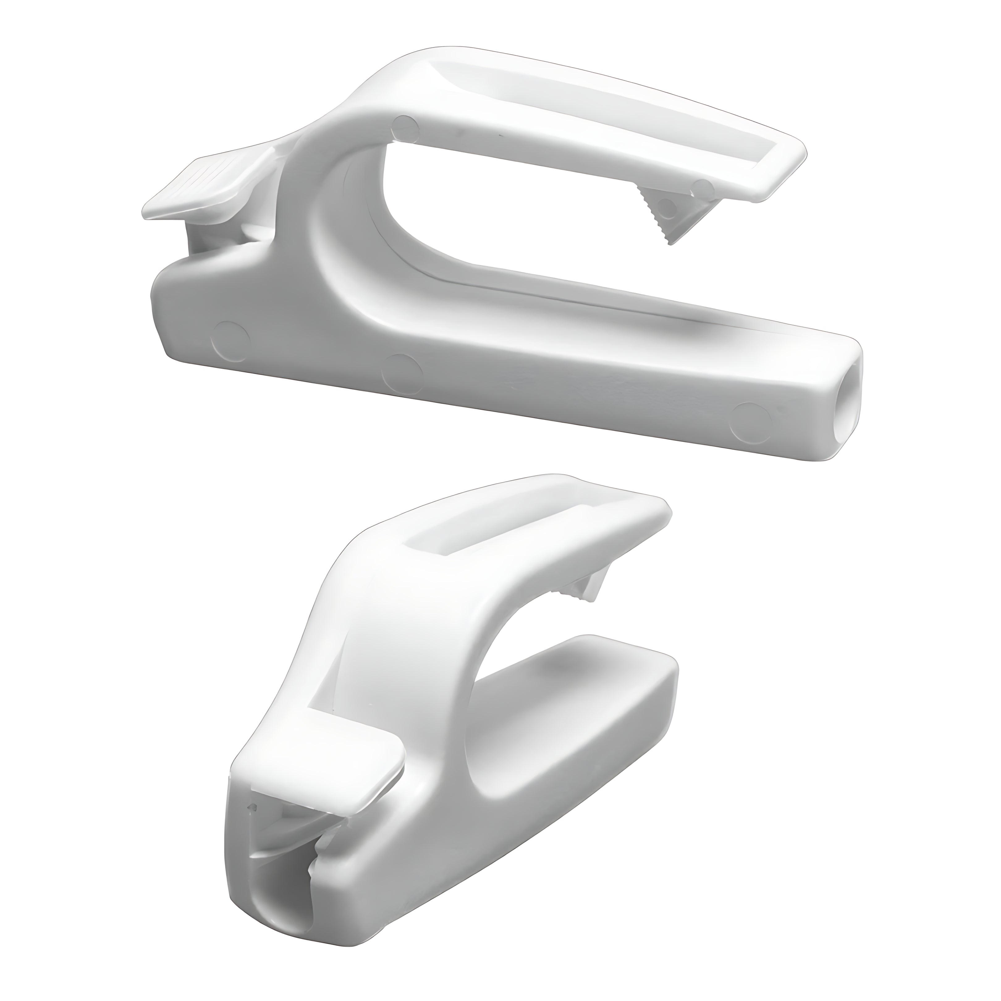 Coppia di agganci per parabordi Fend Fix in nylon bianco, progettati per il fissaggio rapido su battagliole tubolari con diametro da 20 a 25 mm.